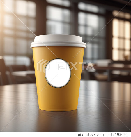 AI-generated content. Takeaway coffee paper cup on wooden table. Design mockup. This photo was created using Playground AI  112593091