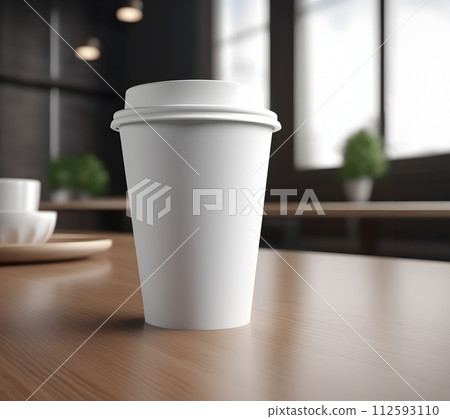 AI-generated content. Takeaway coffee paper cup on wooden table. Design mockup. This photo was created using Playground AI  112593110
