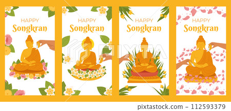 Songkran, Buddha water ceremony. Hand Pouring water the monk sculpture. Thailand New Year. Vector Vertical social media Story Stories template in flat style for celebrating 112593379