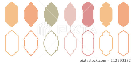Islamic traditional windows shape compilation. Set of Mosque Muslim frames depicted in silhouette and outline 112593382