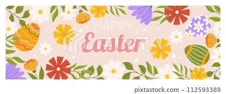 Happy Easter horizontal banner template. Design with painted eggs, flowers and leaves around. 112593389