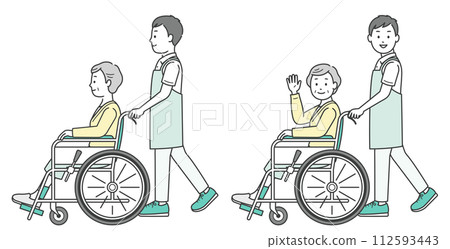 Illustration of a male caregiver assisting an elderly woman in a wheelchair Illustration of a male caregiver assisting an elderly woman in a wheelchair 112593443
