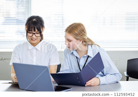 在辦公桌前工作的女商人 在辦公桌前工作的女商人 112593452