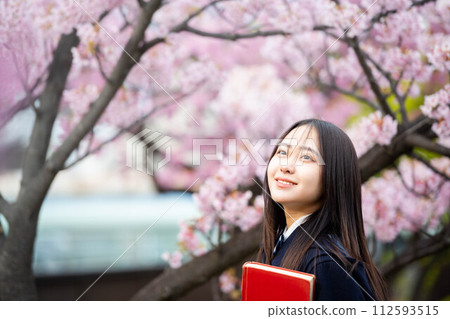 盛開的櫻花下拿著紅書的女高中生 112593515