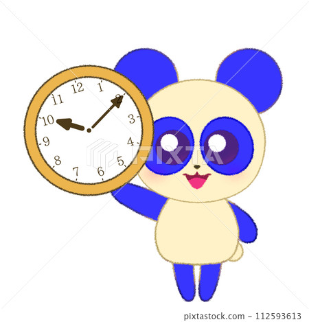 一隻舉起雙手拿著時鐘的熊貓的蠟筆插圖 一隻舉起雙手拿著時鐘的熊貓的蠟筆插圖 112593613