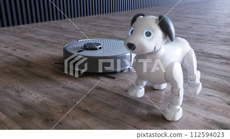 small funny robotic smart dog and vacuum cleaner robot. 3d rendering. 112594023