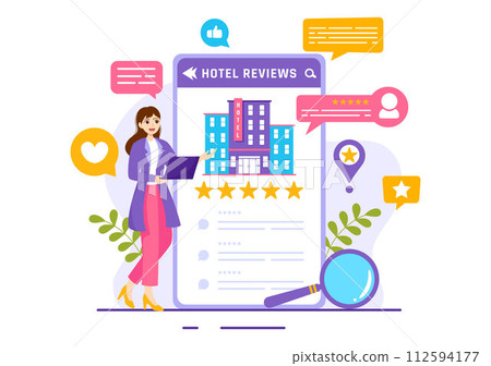 Hotel Reviews Vector Illustration with Rating Service, User Satisfaction to Rated Customer, Product or Experience in Flat Cartoon Background 112594177