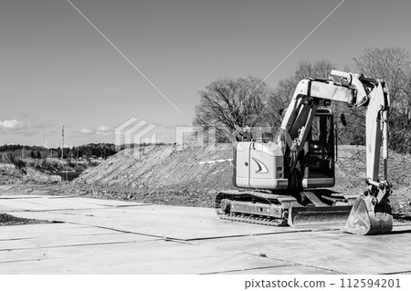 Riverbed flood control measures and construction vehicles Miyako River 2024.02 b-5 Monochrome 112594201
