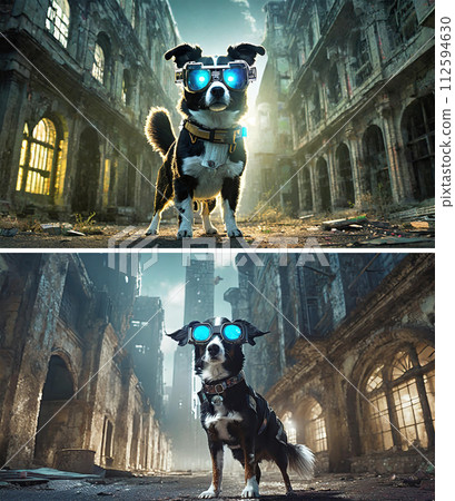 A dog wearing goggles stands in a ruined space (2 images) | Edit adobe AI generated image that clears copyright issues 112594630