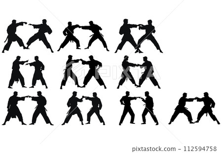 Two men demonstrate karate, Men demonstrate karate, Fight between two aikido fighters vector silhouette 112594758
