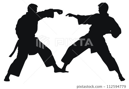 Two men demonstrate karate, Men demonstrate karate, Fight between two aikido fighters vector silhouette Two men demonstrate karate, Men demonstrate karate, Fight between two aikido fighters vector silhouette 112594779