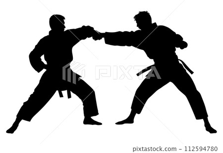 Two men demonstrate karate, Men demonstrate karate, Fight between two aikido fighters vector silhouette 112594780