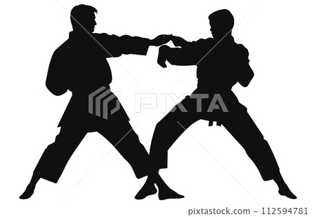 Two men demonstrate karate, Men demonstrate karate, Fight between two aikido fighters vector silhouette 112594781