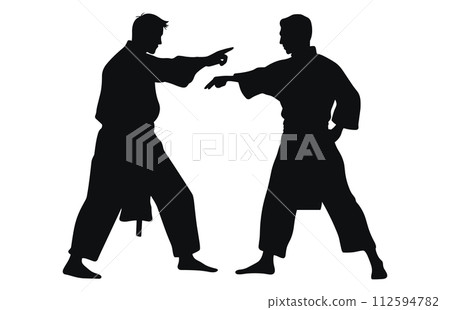 Two men demonstrate karate, Men demonstrate karate, Fight between two aikido fighters vector silhouette 112594782