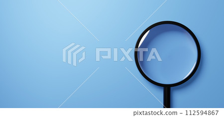 Magnifying glass on a light blue background. copy space. 3D (overhead view) (horizontal) 112594867