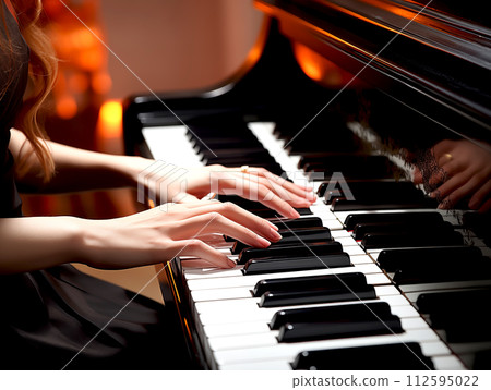 Closeup woman pianist hand playing the piano classical music instrument in the concert 112595022