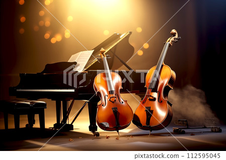music trio instrument with grand piano, violin and cello on the stage with bogeh effect background music trio instrument with grand piano, violin and cello on the stage with bogeh effect background 112595045