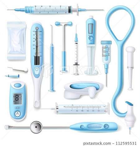Medical Equipment Set: Thermometers, Syringes, Stethoscope, Pressure Measuring Device, etc. 112595531