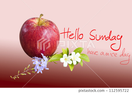 hello sunday have a nice day message card hand writing with red apple hello sunday have a nice day message card hand writing with red apple 112595722