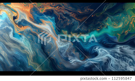 AI-generated content. Turbulent flow of a fluid with several phases in different colors 112595847