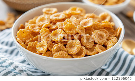 AI-generated content. Bowl of whole grain cereal flakes in a white ceramic bowl, striped tablecloth AI-generated content. Bowl of whole grain cereal flakes in a white ceramic bowl, striped tablecloth 112596045