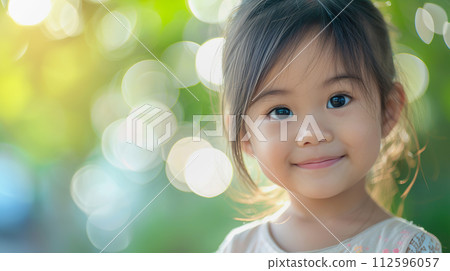 AI-generated content. Young Asian girl close up portrait, outdoors, copy space 112596057