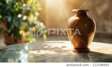 AI-generated content. Memorial cremation urn on marble against serene background AI-generated content. Memorial cremation urn on marble against serene background 112596065