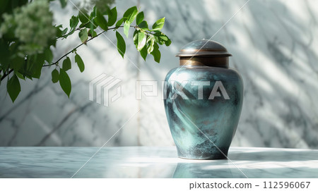 AI-generated content. Memorial cremation urn on marble against serene background AI-generated content. Memorial cremation urn on marble against serene background 112596067