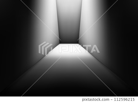 Dark corridor in the room with light at the end. Spooky basement or product display, concept 112596215