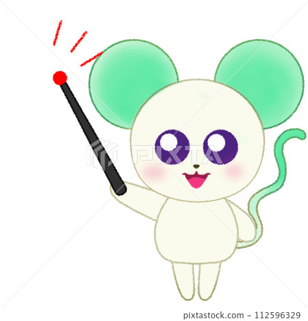 一隻老鼠舉起手並拿著指點桿的蠟筆插圖 112596329