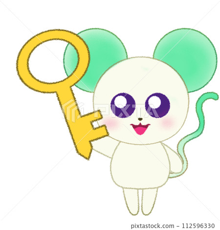一隻老鼠舉起手並握住鑰匙的蠟筆插圖 一隻老鼠舉起手並握住鑰匙的蠟筆插圖 112596330
