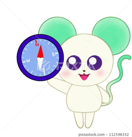 一隻手舉起指南針的老鼠的蠟筆插圖 112596332