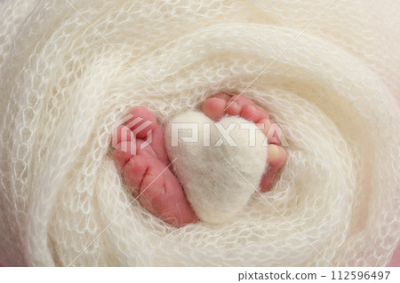 The tiny foot of a newborn baby. Soft feet of a new born in a white wool blanket. Close up of toes, heels and feet of a newborn. Knitted white heart in the legs of a baby. Macro photography  112596497