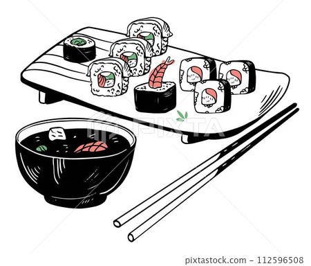 Sushi asian fish food hand drawn vector set with plate chopsticks and soup bowl isolated on white Sushi asian fish food hand drawn vector set with plate chopsticks and soup bowl isolated on white 112596508