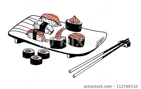 Sushi asian fish food hand drawn vector set with plate chopsticks and spices isolated on white Sushi asian fish food hand drawn vector set with plate chopsticks and spices isolated on white 112596510