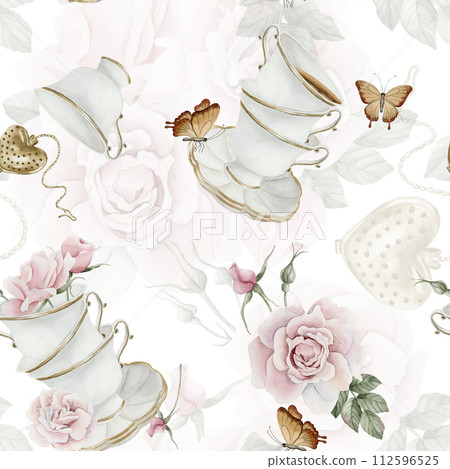 Rose hip pink flowers, red berries, leaves, white porcelain teaware and brown butterflies, watercolor seamless pattern on white background. For use in design, fabric, textile, scrapbooking, wallpaper, Rose hip pink flowers, red berries, leaves, white porcelain teaware and brown butterflies, watercolor seamless pattern on white background. For use in design, fabric, textile, scrapbooking, wallpaper, 112596525