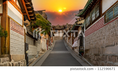 Traditional Korean style architecture at Bukchon Hanok Village in Seoul, South Korea, Bukchon Hanok Village in Seoul, South Korea. Traditional Korean style architecture at Bukchon Hanok Village in Seoul, South Korea, Bukchon Hanok Village in Seoul, South Korea. 112596671