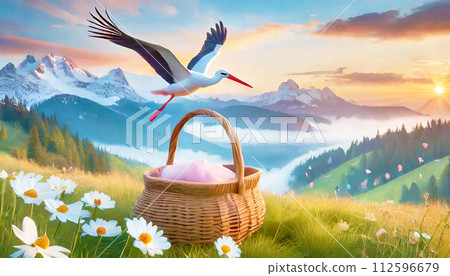 Image of a stork delivering a basket and flying away 112596679