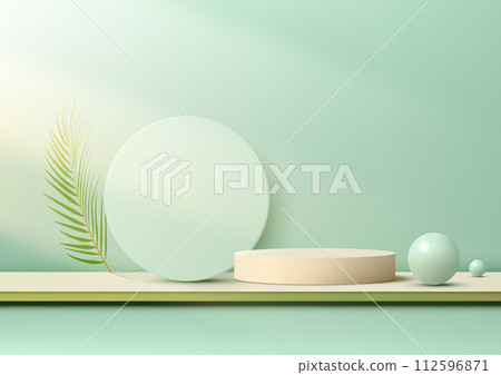 A minimalist 3D scene with beige podium, green circle, spheres, and a large green leaf on green background 112596871