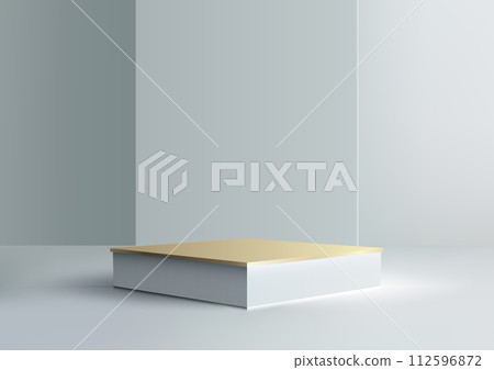 3D white box podium with gold top on white table against white wall background 112596872