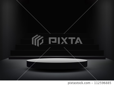 3D round podium with stairs leading up to it sits in a dark room. A single spotlight illuminates the podium from above 3D round podium with stairs leading up to it sits in a dark room. A single spotlight illuminates the podium from above 112596885