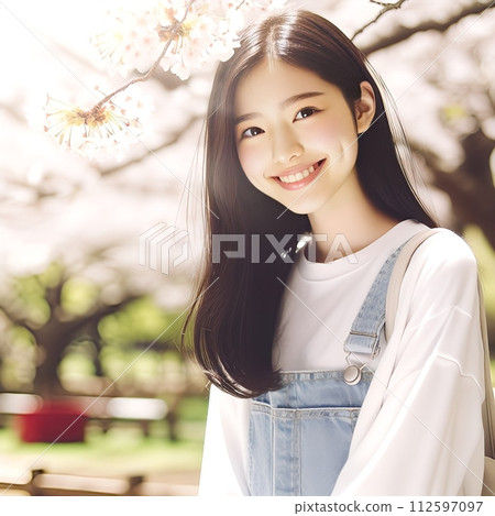 站在櫻桃樹下的年輕女子（AI 生成圖像） 112597097