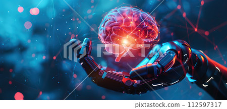 A robotic hand gently cradles a glowing brain with the shimmering neural network. The fusion of human intelligence with artificial intelligence. Generative AI. 112597317
