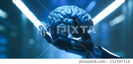 A robotic hand gently cradles a glowing brain with the shimmering neural network. The fusion of human intelligence with artificial intelligence. Generative AI. 112597318