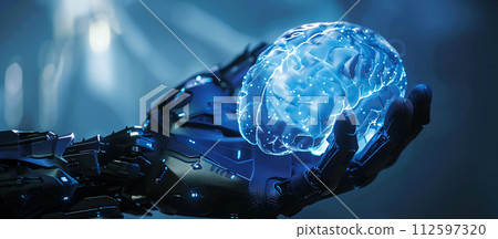A robotic hand gently cradles a glowing brain with the shimmering neural network. The fusion of human intelligence with artificial intelligence. Generative AI. 112597320