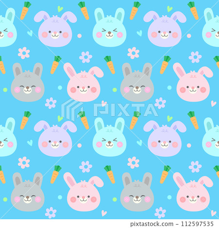 seamless kids pattern cute hand drawn bunny face in the garden blue background vector illustration seamless kids pattern cute hand drawn bunny face in the garden blue background vector illustration 112597535