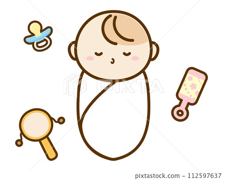 熟睡的嬰兒和奶嘴等嬰兒用品的插圖 112597637