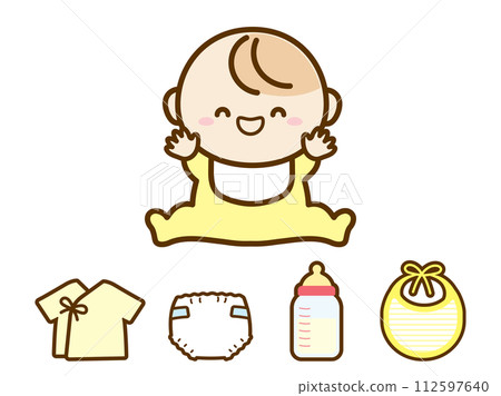 微笑嬰兒和嬰兒用品插圖集 112597640