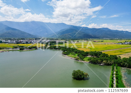 aerial view of Dapo Pond, a lake in Chishang, Taitung, taiwan 112597699