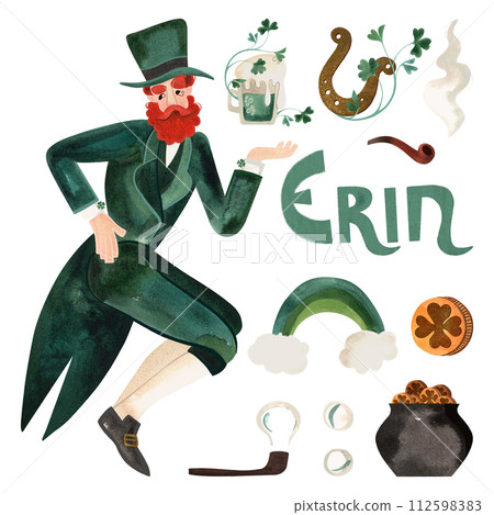 Leprechaun in a green suit and top hat. Set with horseshoe, clover, luck, ale, gold money, rainbow and smoking pipe. Symbol of Ireland. Isolated watercolor illustration on white background. Character. 112598383